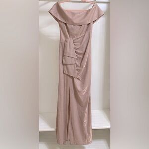 Xscape Camila Tan Sparkle Ruched Off-Shoulder Cocktail Gown Nwot